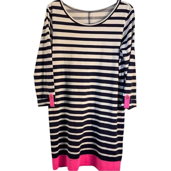 Lilly Pulitzer Linden T-Shirt Striped A-Line Blue, White and Pink Dress, Sz L - Picture 2 of 9
